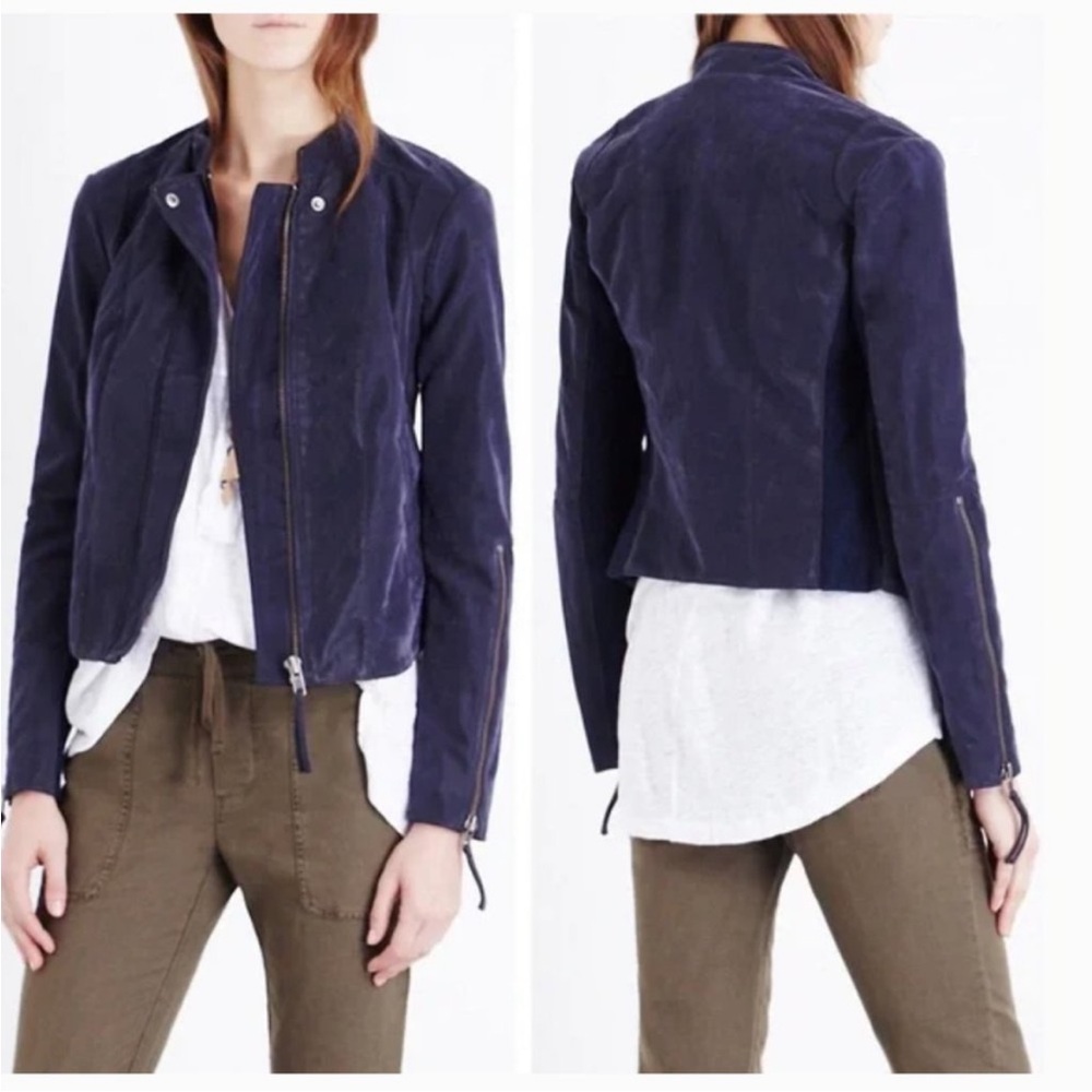 Motorcycle Jacket Women Size 4 Free People Cool & Clean Blue Vegan Faux Suede